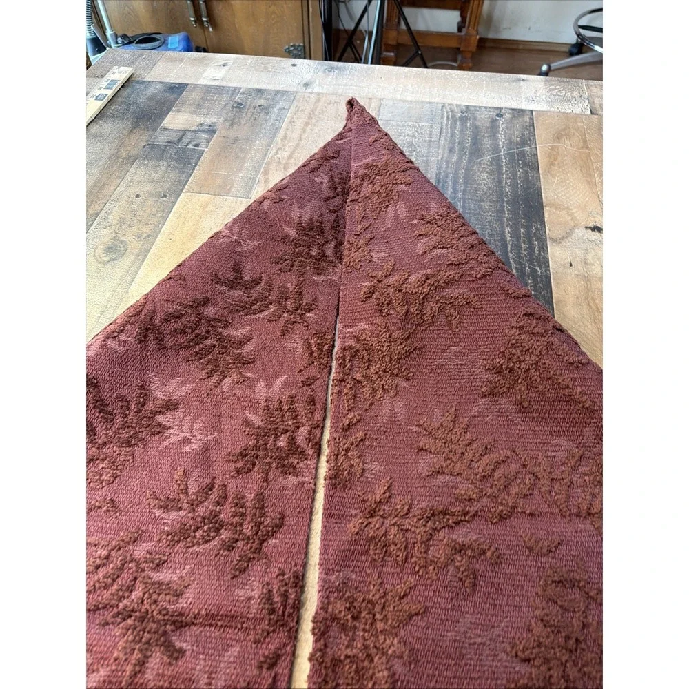 Vintage Chenille Table Runner Red Rust Floral Jacquard Fringe Boho 12x70 Ornate